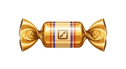 Golden wrapped candy with colored stripes and a brush icon on the wrapper, isolated on white background