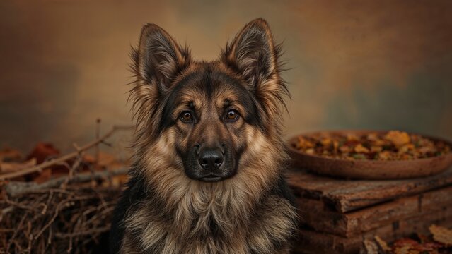 A German Shepherd dog outdoors with a background of autumn leaves and a food bowl containing dry dog food. - Powered by Adobe