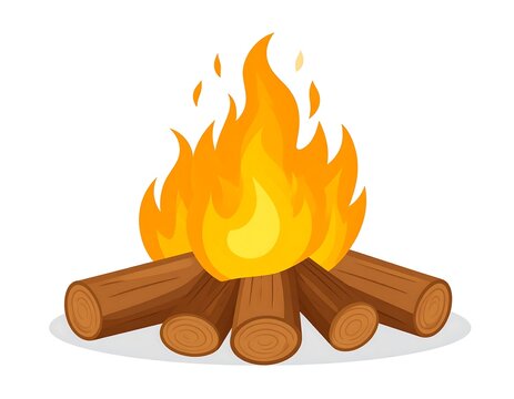 A vibrant cartoon campfire illustration showcasing burning flames atop stacked wooden logs on a white backdrop with a faint shadow