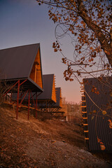 A-frame cabins on stilts in forest at sunset, minimalist autumn retreat with metal roofs and wood interiors.