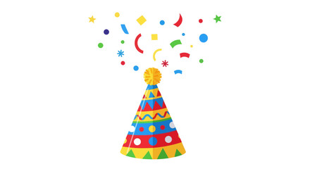Festive birthday party hat exploding with colorful confetti and streamers, perfect for celebration invitations and decorations