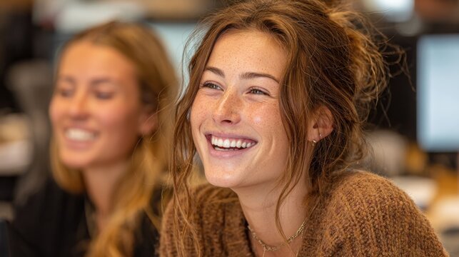 Two asian female colleagues share a lighthearted moment, laughing together in a modern office setting during the daytime