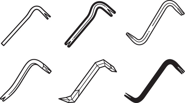 Variety of crowbar tool icons, featuring distinct hand-drawn outline and solid silhouette illustrations, useful for construction and demolition. Vector