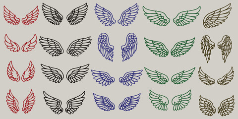 Angel Wings, Hand Drawn Colored Feather Set for Decorative Design and Creative Artwork Elements Collection