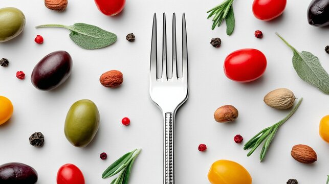 Colorful assortment of olives, nuts, and herbs arranged around a silver fork on a clean surface, showcasing a vibrant culinary composition for food enthusiasts and chefs