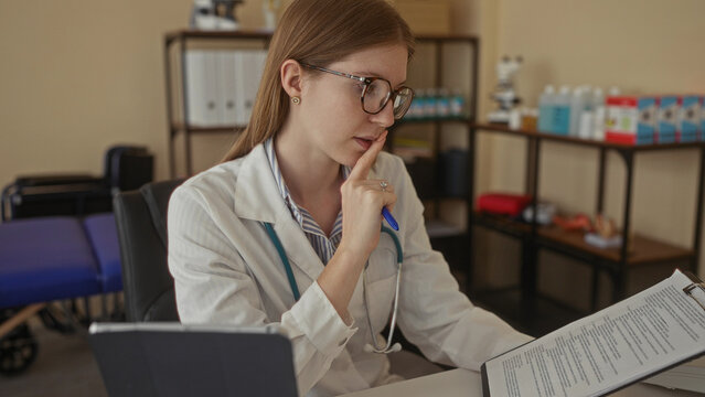 Young blond woman doctor with stethoscope points pen to clipboard in clinic interior room while explaining notes; professional focus concentration diligence.