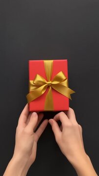 en primera persona en vista superior, de unas manos atando un lazo de cinta dorada en una caja de regalo roja, sobre un fondo negro.