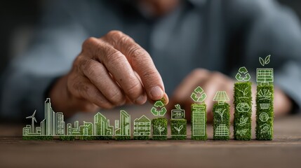 Businessman analyzing green business investment, esg strategy for co2 reduction, carbon credit, net zero, green technology and renewable energy