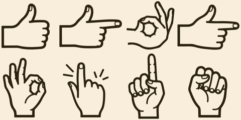 Hand Draw Hand Gesture Icons, Collection Of Thumb Up Point And OK Symbols For Communication Design Project Management And UI Applications

