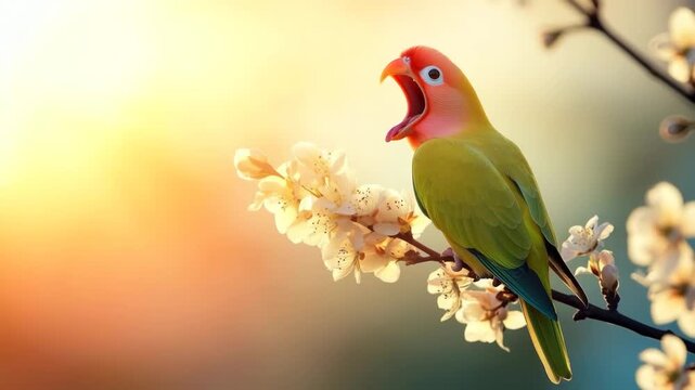Colorful parrot singing on blooming branch