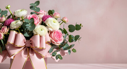 Floral bouquet with roses and ribbon. Gift for Women’s Day, Mother’s Day, Valentine’s Day, birthdays.