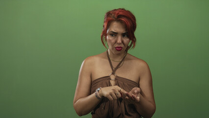 Young hispanic woman pointing finger to palm, examining a fingernail and counting on her hand in a green studio; concern.