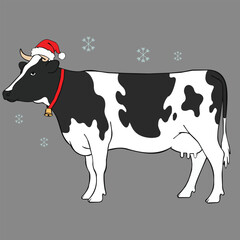 Christmas Cow Wearing Santa Hat and Bell Keywords: cow, cattle, farm animal, livestock, black and