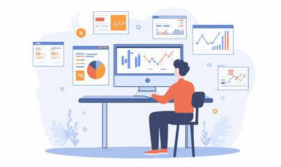 Fototapeta premium Man analyzing business data on computer with charts and graphs Vector
