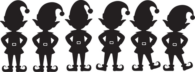 Festive Christmas elf silhouettes in various poses, capturing holiday spirit and charm in black vector black vector