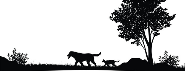 Naklejka premium Silhouette of dog and cat walking together in nature landscape with trees, grass, bushes, outdoor wildlife scene, peaceful animal companionship theme
