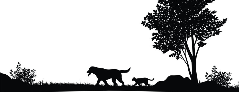 Silhouette of dog and cat walking together in nature landscape with trees, grass, bushes, outdoor wildlife scene, peaceful animal companionship theme