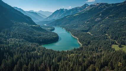Mountain river landscape with lush forest and towering peaks, scenic nature view.
