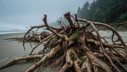 A fallen tree with exposed roots on a beach with a forest in the background. Nature scene with driftwood and coastal landscape.