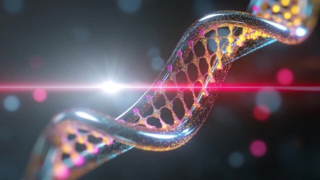 DNA Helix: A luminous, intricate DNA helix spirals gracefully against a backdrop of vibrant bokeh, embodying the core of genetic code and scientific exploration.