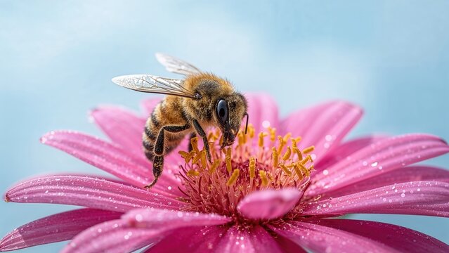 Close-up of a bee on a pink flower with a blue background.