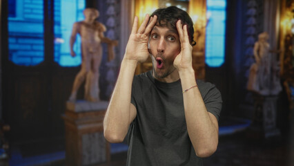 Man frames face with hands amid ornate marble sculptures in grand museum gallery lit by chandeliers; surprise.