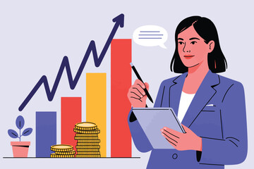 Woman in blazer with financial chart coins and plant showing growth trend