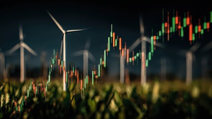 Green energy investments showing positive trends with wind turbines and rising stock market charts in a strong economy