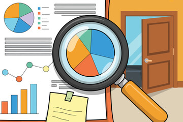 Magnifying glass over pie chart and bar graph with open door in background
