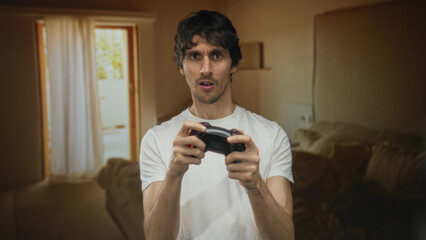 Man grips game controller with both hands in building wearing white t shirt and leans forward; concentration.