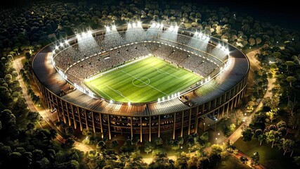 Spectators enjoy the electrifying atmosphere of a night soccer match in a vibrant stadium filled with lively fans and bright lights