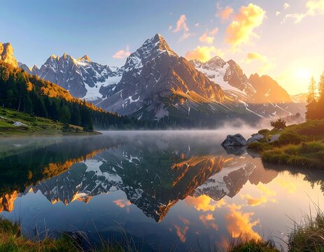 A majestic mountain range, with snow-capped peaks, reflects beautifully in a calm lake at sunrise. The sky glows