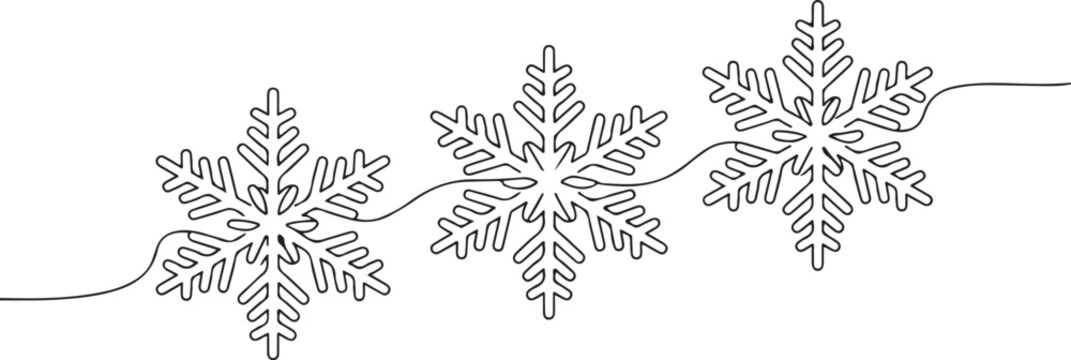 Hello winter and christmas snow flakes one line drawing decoration vector illustration