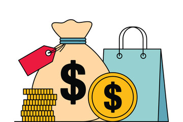 Illustration of a money bag with a tag and a stack of coins and a bag