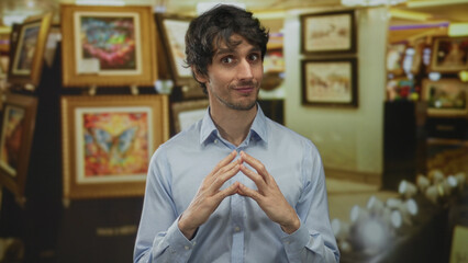 Man holds fingertips together amid framed abstract canvases displayed on wooden easels in spacious...