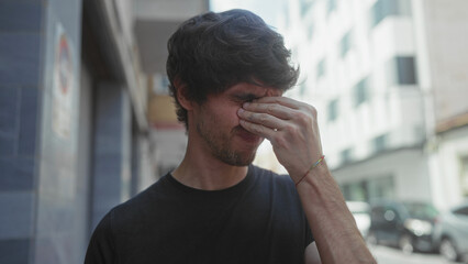 Man rubbing eyes with hand on busy street lined with cars and tall buildings in city center; urban...