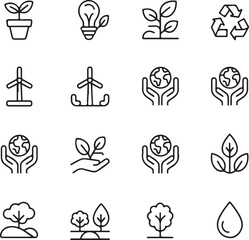 Ecology and Environment icon set with editable stroke. Ecology and Energy thin line icon collection.
