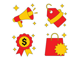 Illustrated marketing icons featuring megaphone tag badge and shopping bag