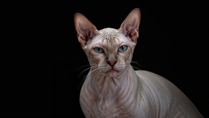Close-up of a Sphynx cat with wrinkled skin and blue eyes against a black background.