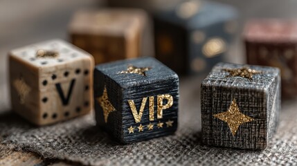 Concepts of differentiation and exclusivity using decorative wooden blocks with marketing icons on a rough textured surface