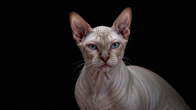 Close-up of a Sphynx cat with wrinkled skin and blue eyes against a black background.