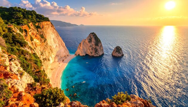 Stunning aerial view of a sun-drenched coastal landscape with cliffs, turquoise sea, and picturesque rock formations