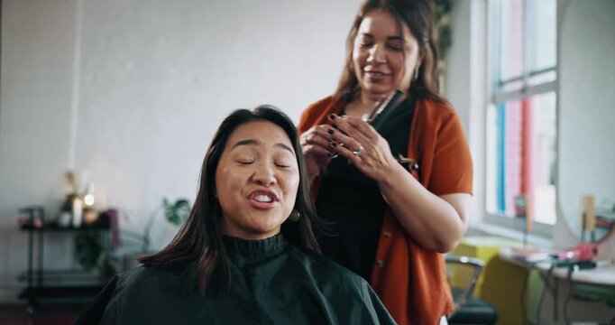 Woman, hairdresser and client with chat, smile or scissors for trim, laugh or conversation at small business. People, customer and discussion for funny gossip, happy and tools for haircut at parlor