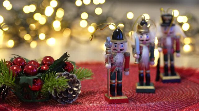 Bucharest Romania 27 November 2025. Nutcracker soldier on a festive Christmas background with warm glowing lights, creating a cozy holiday atmosphere