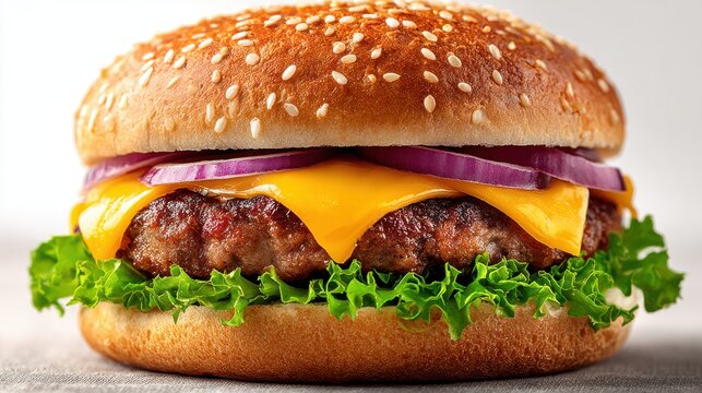 Classic cheeseburger with beef patty, crisp lettuce, red onion, and melted cheese on a sesame seed bun, isolated against a clean white background - Powered by Adobe