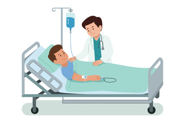 Cartoon illustration of a doctor attending to a patient in a hospital bed