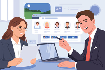 Illustrated woman holding paper and man pointing at profiles on a laptop screen