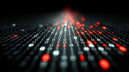 Abstract technology shows binary code streaming with red digital bokeh representing computer technology, artificial intelligence, data management, and information