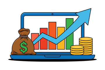 Laptop displaying a colorful bar graph with an upward trending blue arrow