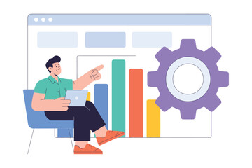 Man with laptop pointing at bar graph and gear icon on a computer screen